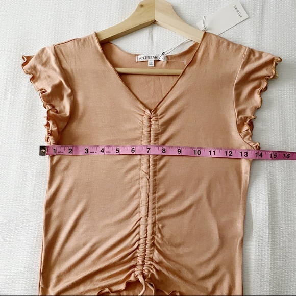 NWT Taupe Lettuce Hemline Ruched Drawstring Cropped Tee - Picture 5 of 9